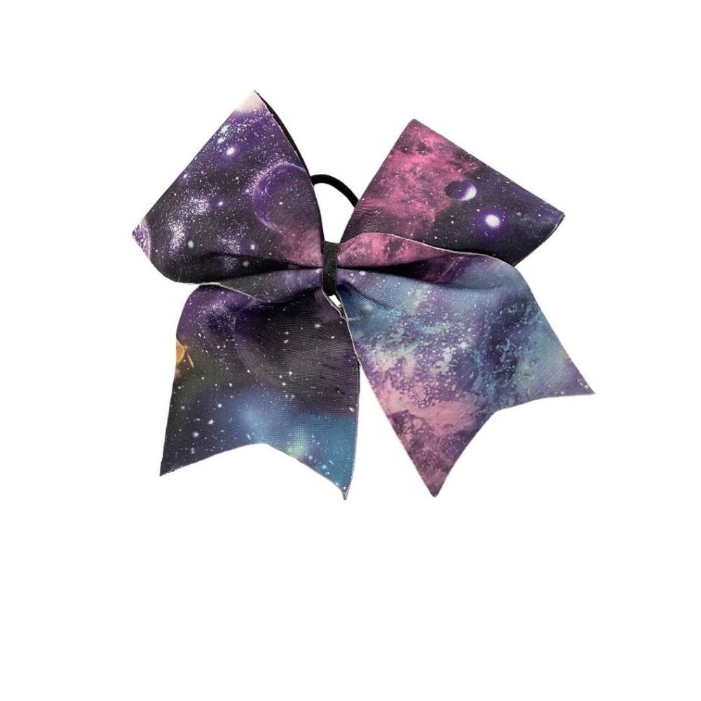 Girls Oversize Hair Bow 6" Elastic Ponytail Galaxy Print Blue Pink Purple